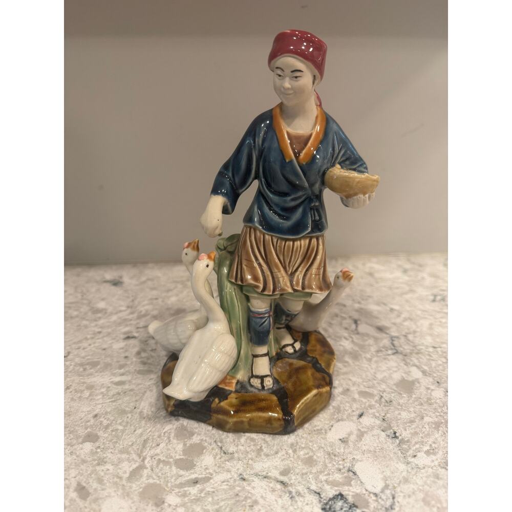 Vintage Nanjing Porcelain Figurine Man Feeding Geese 8.5"